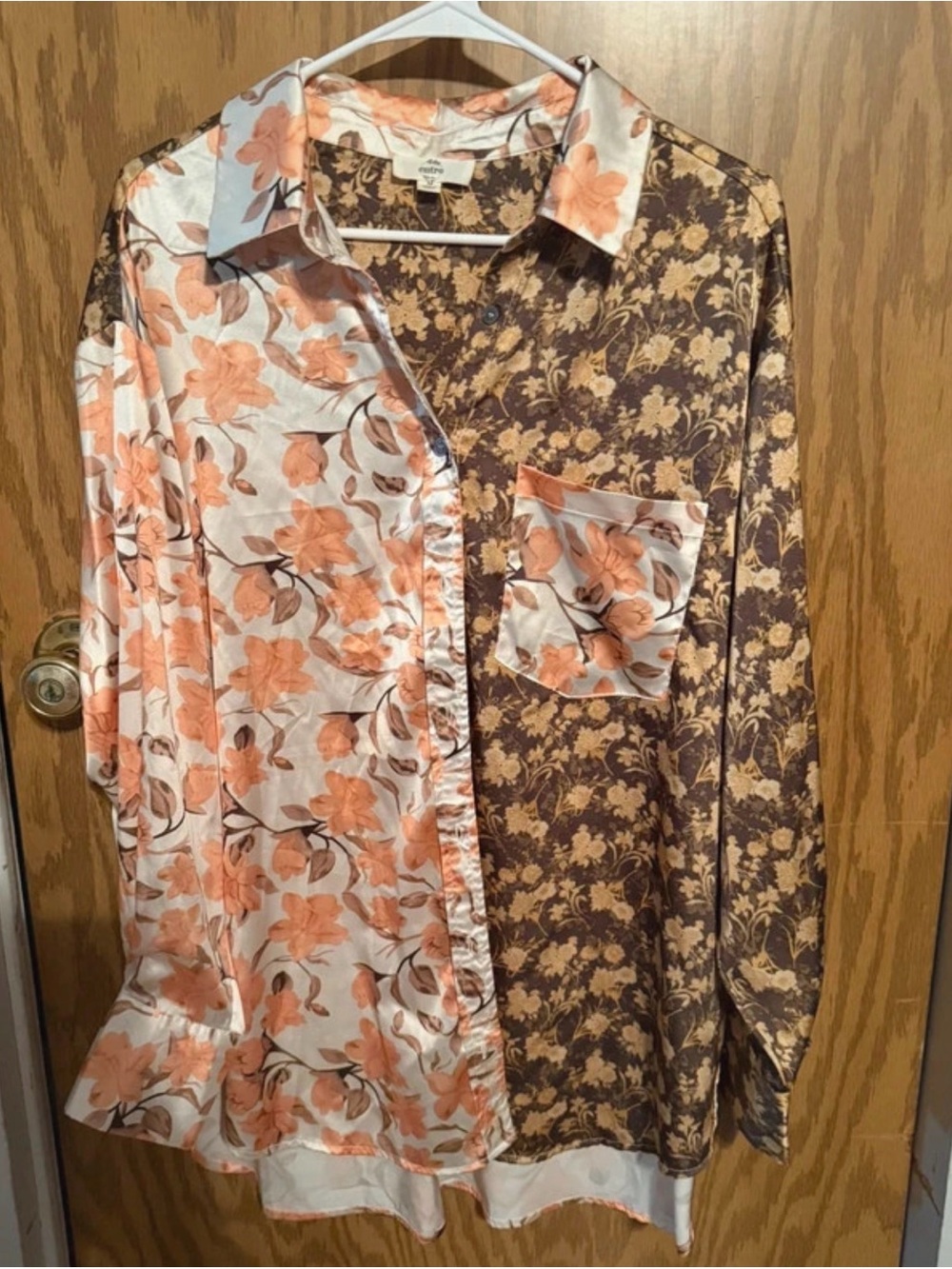 entro Two-Tone Floral Split-Panel Blouse - Peach & Brown